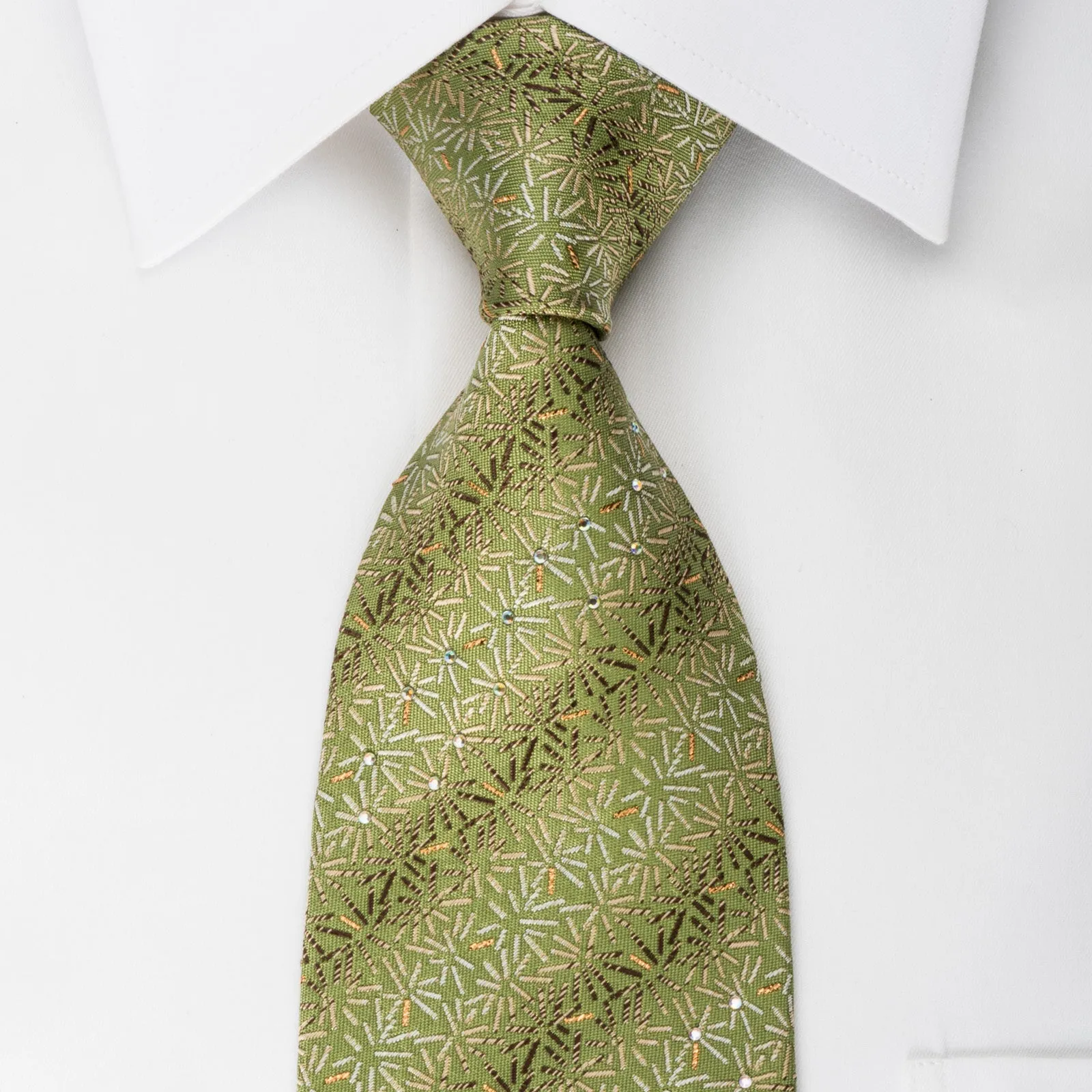 Renoma Rhinestone Silk Necktie Lines On Green With Golden Sparkles