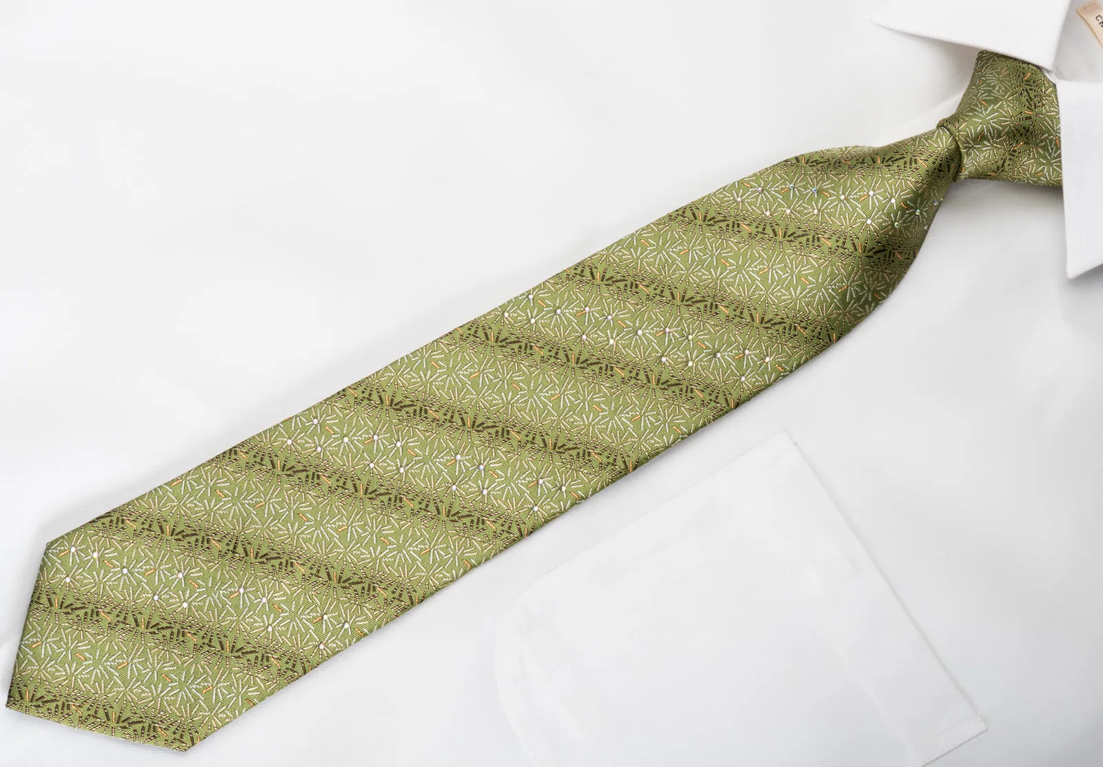 Renoma Rhinestone Silk Necktie Lines On Green With Golden Sparkles