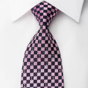 Renoma Rhinestone Silk Necktie Pink Purple Checker With Silver Sparkles