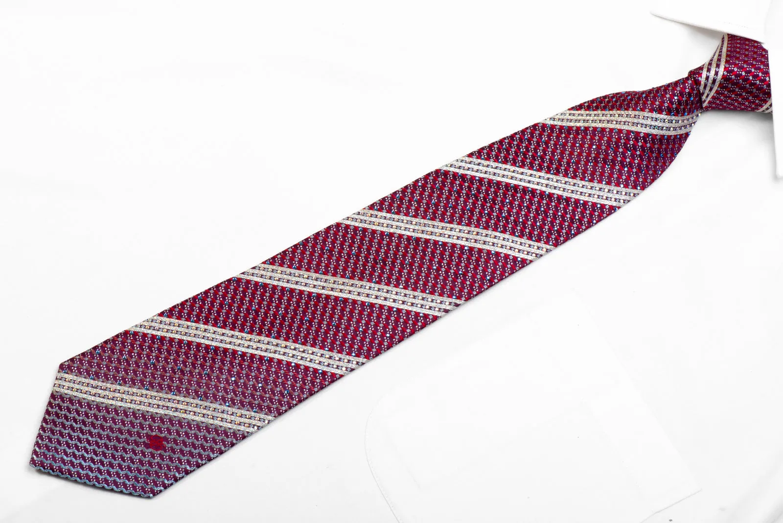 Renoma Rhinestone Silk Necktie Silver Striped On Purple With Sparkles