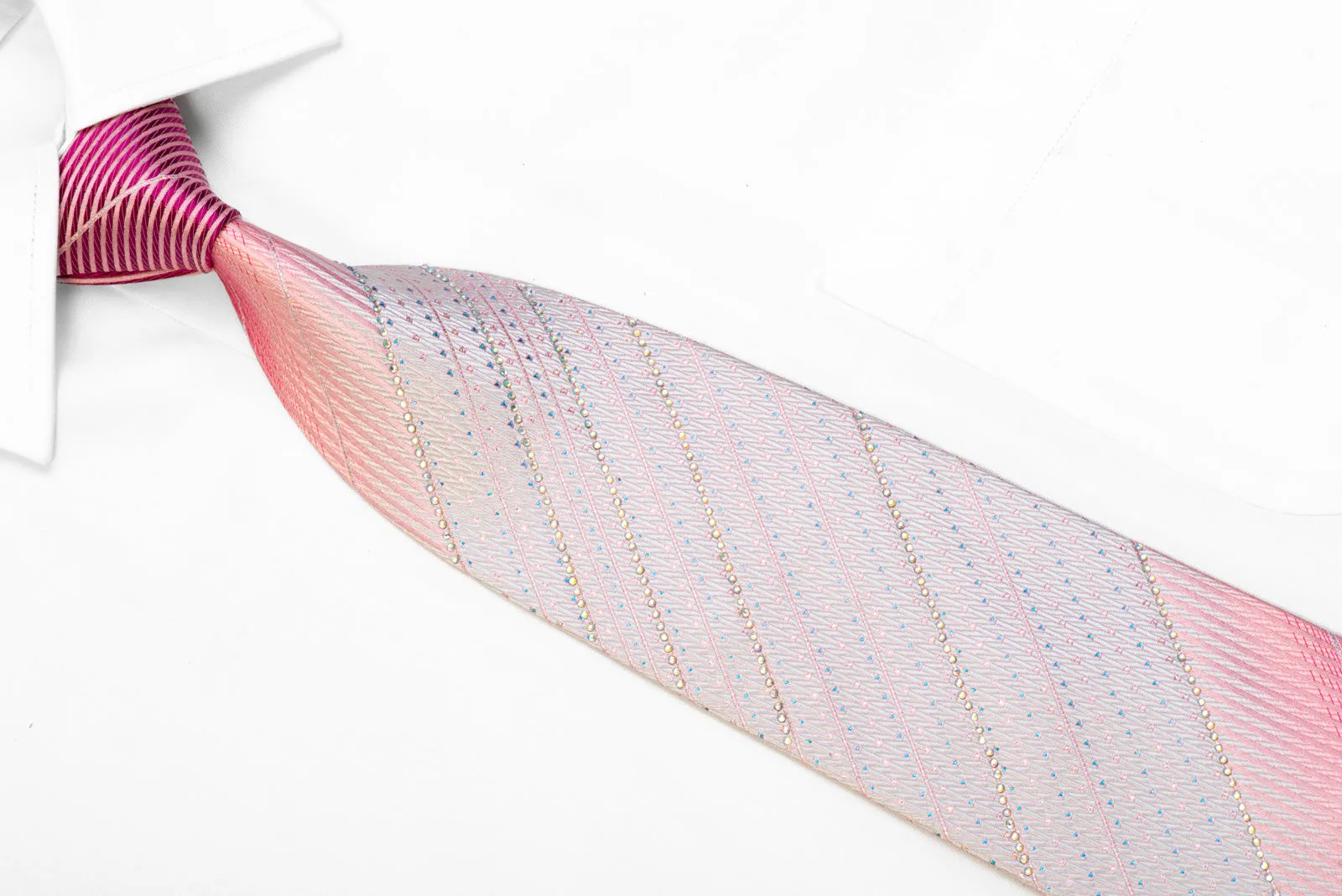 Renoma Rhinestone Silk Necktie Vertical Stripes On Pink With Blue Sparkles