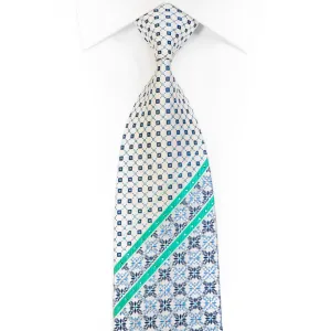 Renoma Rhinestone Silk Tie Teal Blue Striped Cartouche On Silver With Sparkles