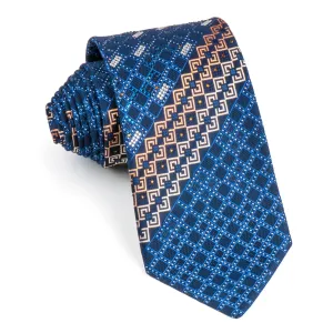 Renoma Silk NeckTie Blue Orange Geometric Design With Rhinestones 3 1/2 Inch