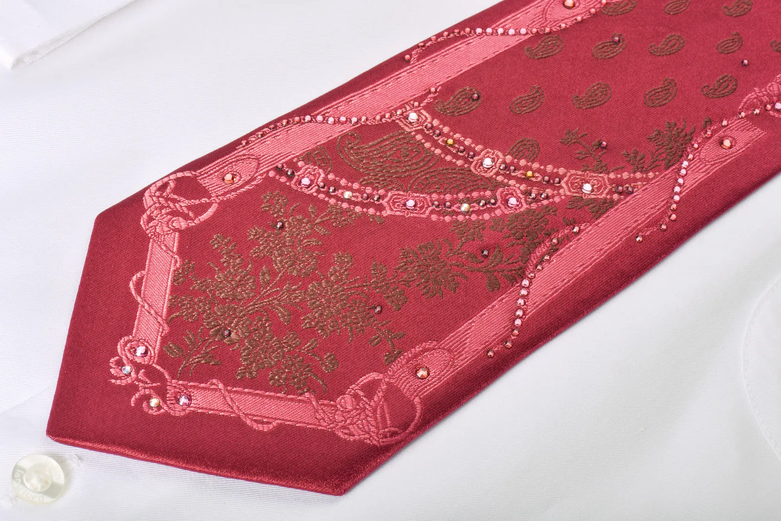 Renoma Silk Necktie Boteh On Burgundy With Rhinestones