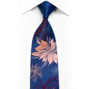 Renoma Silk Necktie Pink Floral & Burgundy Scrolls On Blue With Rhinestones