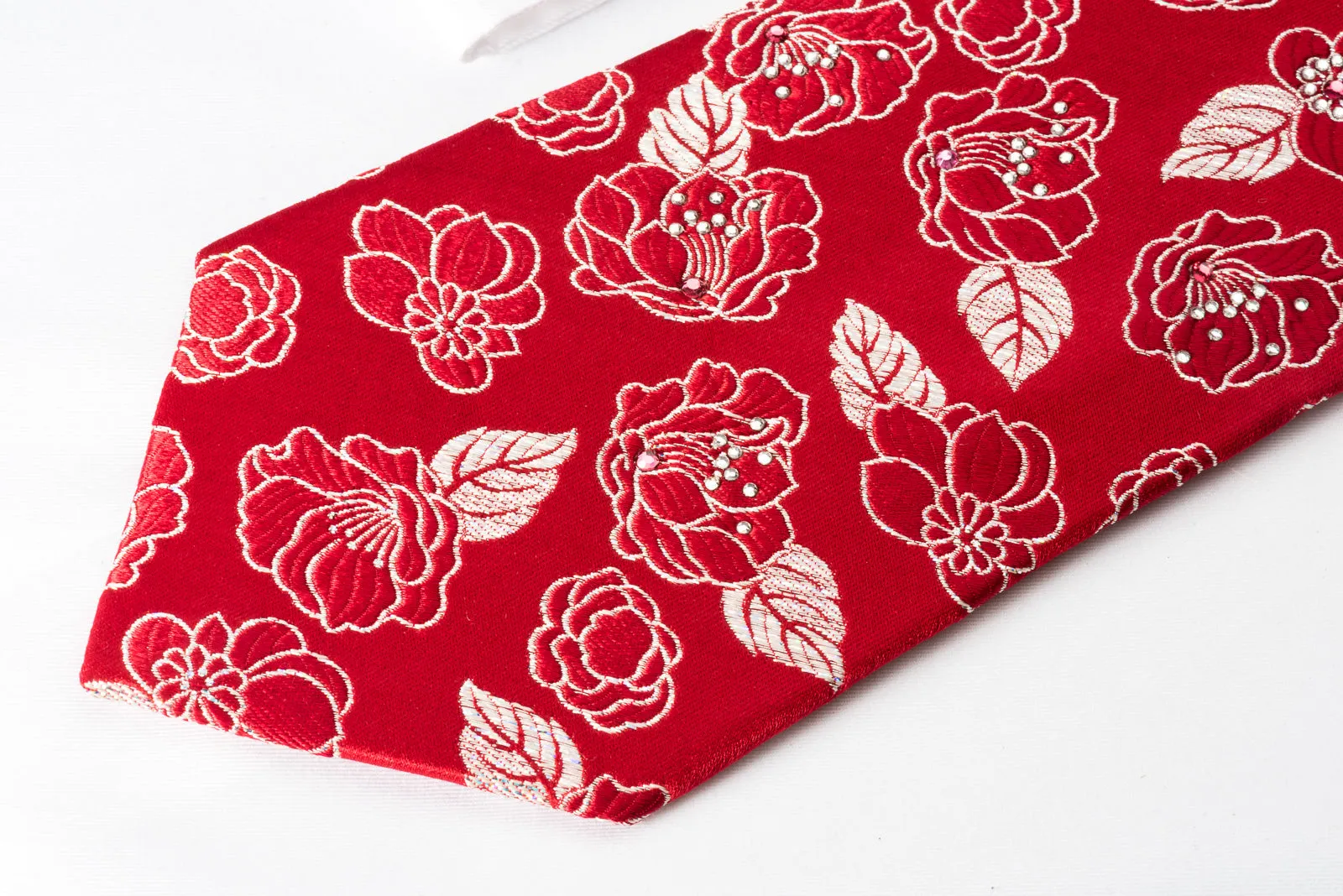 Renoma Silk Rhinestone Necktie Silver Floral Roses On Red With Silver Sparkles