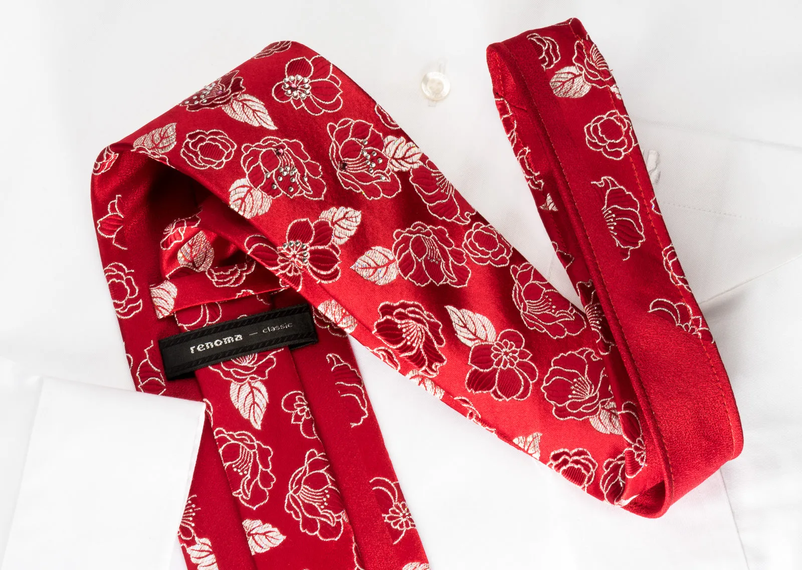 Renoma Silk Rhinestone Necktie Silver Floral Roses On Red With Silver Sparkles