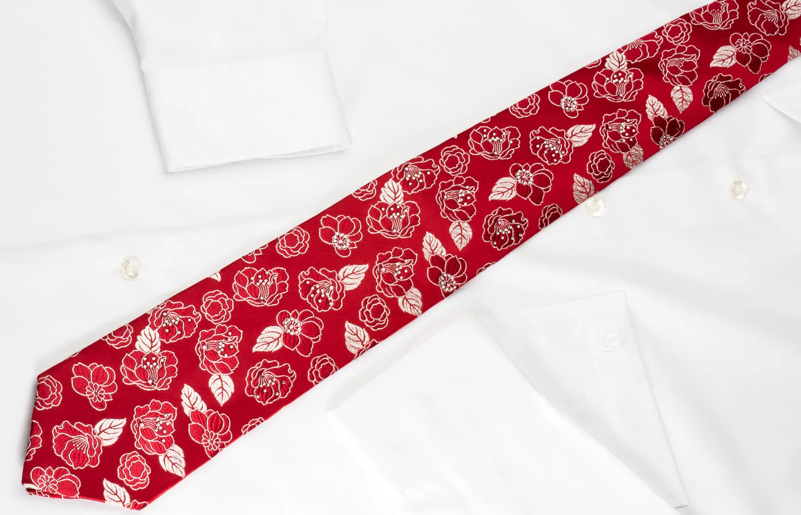 Renoma Silk Rhinestone Necktie Silver Floral Roses On Red With Silver Sparkles