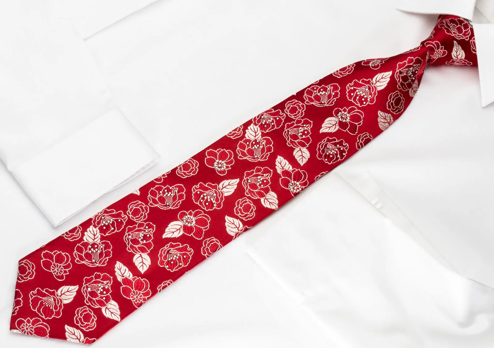 Renoma Silk Rhinestone Necktie Silver Floral Roses On Red With Silver Sparkles