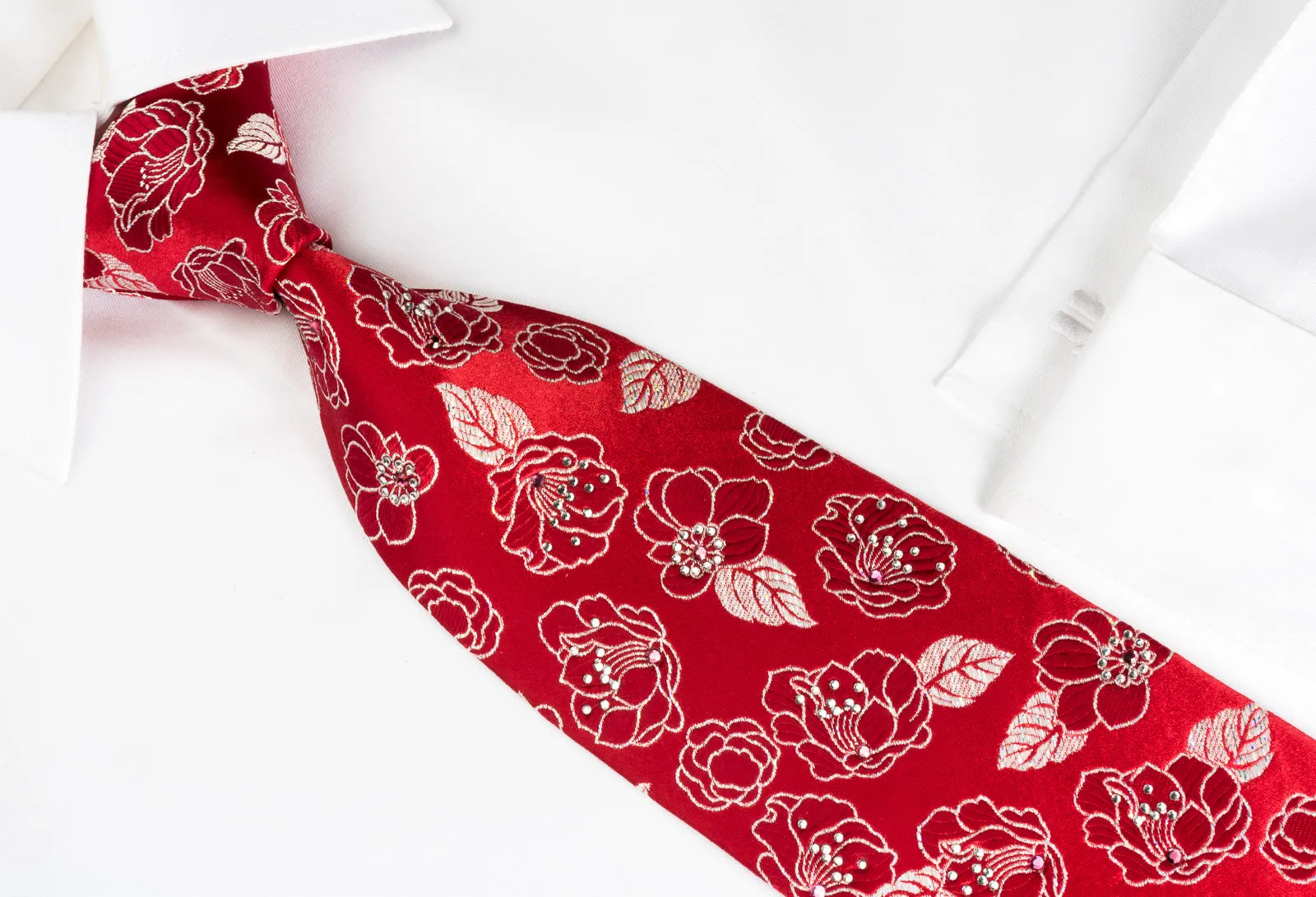 Renoma Silk Rhinestone Necktie Silver Floral Roses On Red With Silver Sparkles