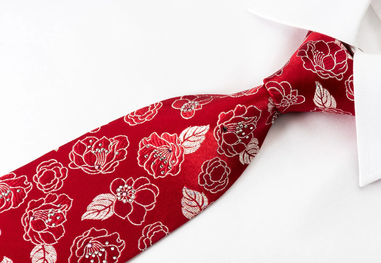 Renoma Silk Rhinestone Necktie Silver Floral Roses On Red With Silver Sparkles