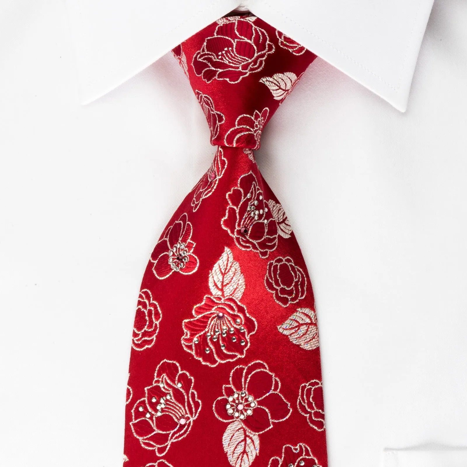 Renoma Silk Rhinestone Necktie Silver Floral Roses On Red With Silver Sparkles