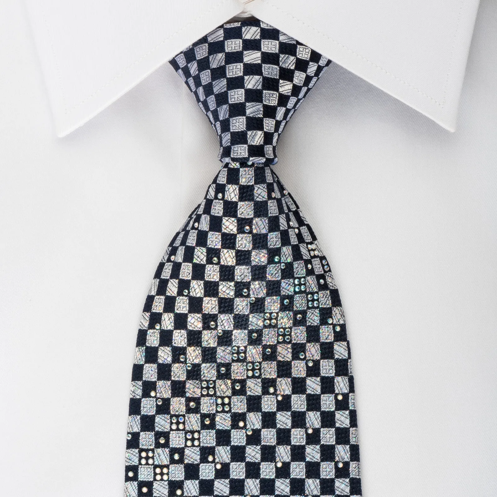 Renoma Silk Rhinestone Necktie Silver Navy Checkered With Silver Sparkles