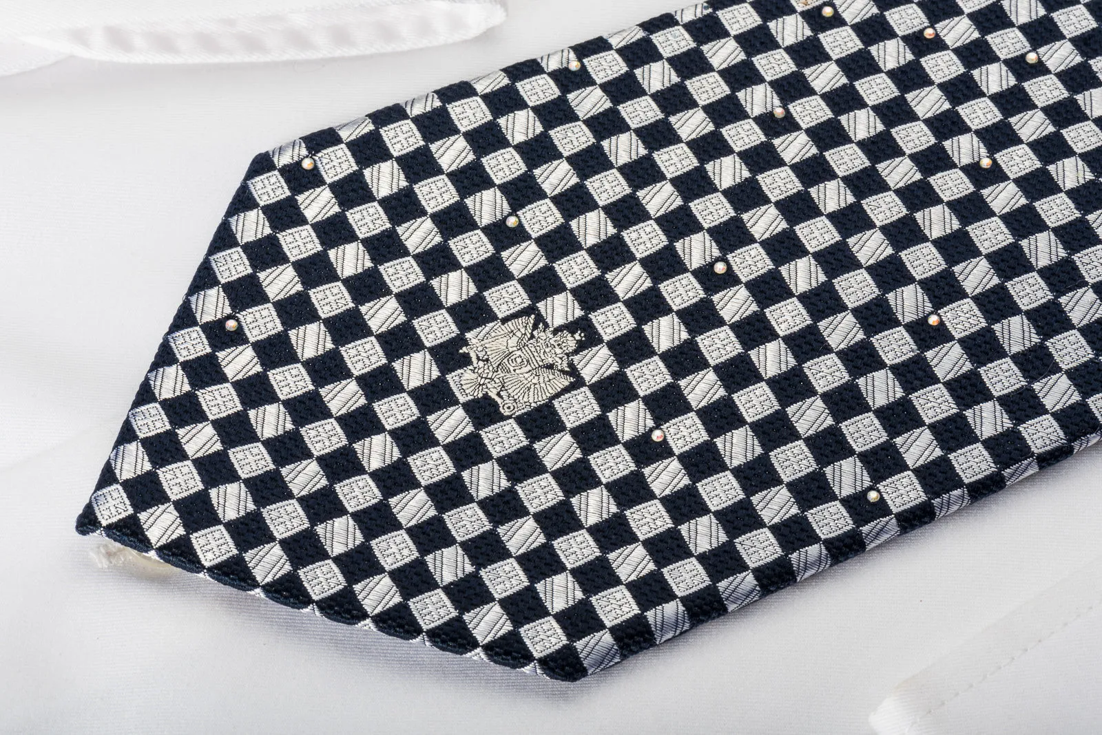 Renoma Silk Rhinestone Necktie Silver Navy Checkered With Silver Sparkles