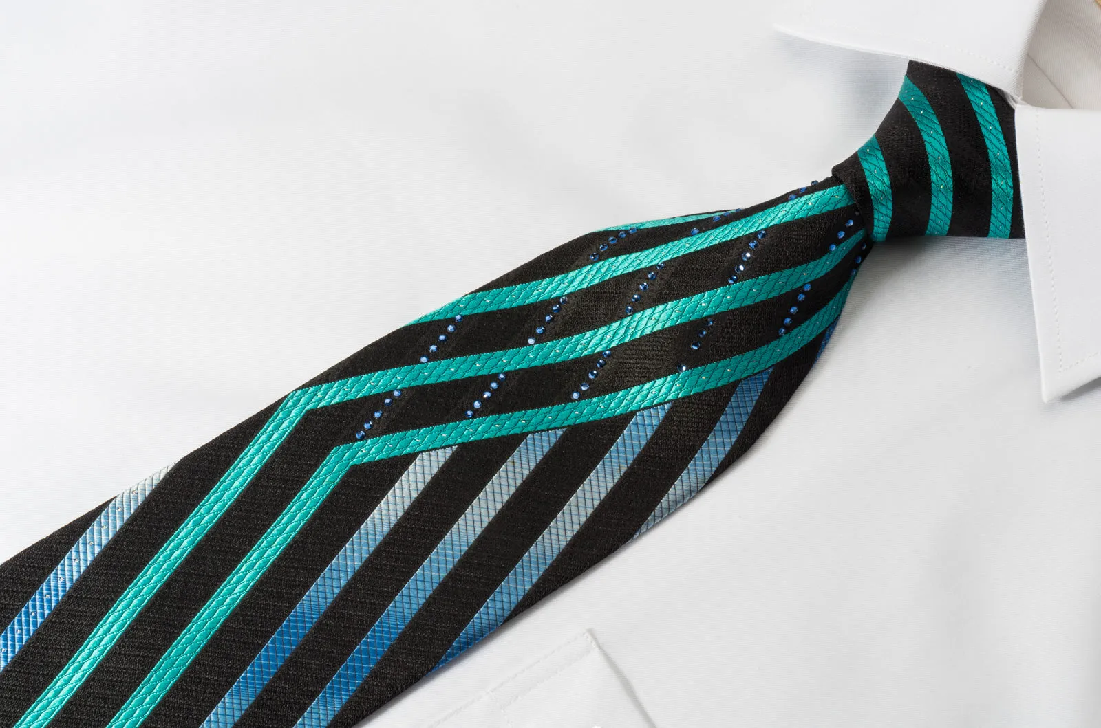 Renoma Silk Rhinestone Necktie Turquoise Stripes On Blue With Silver Sparkles