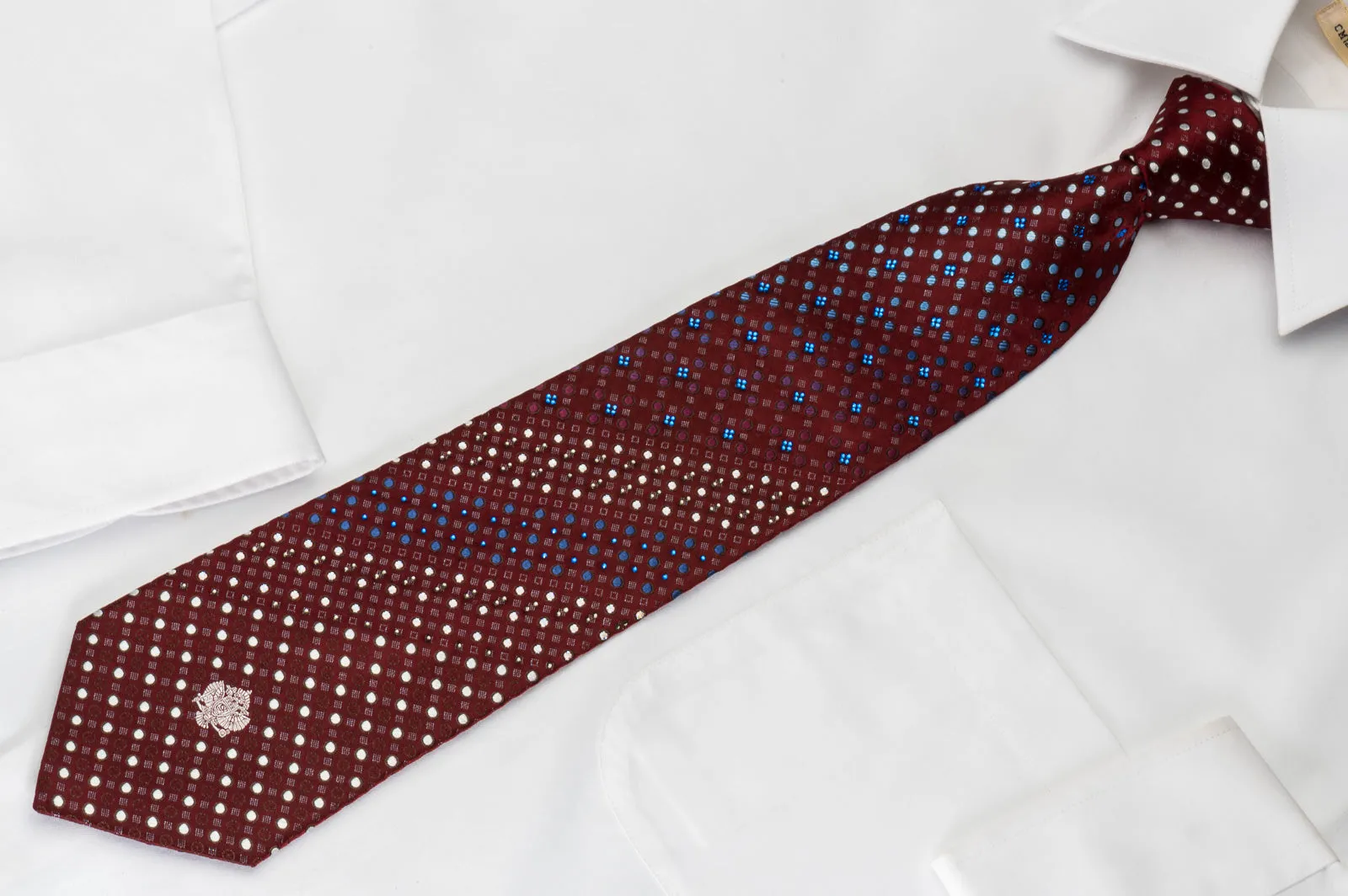 Renoma Silk Tie Geometric Dots On Burgundy With Blue Rhinestones & Silver Sparkles