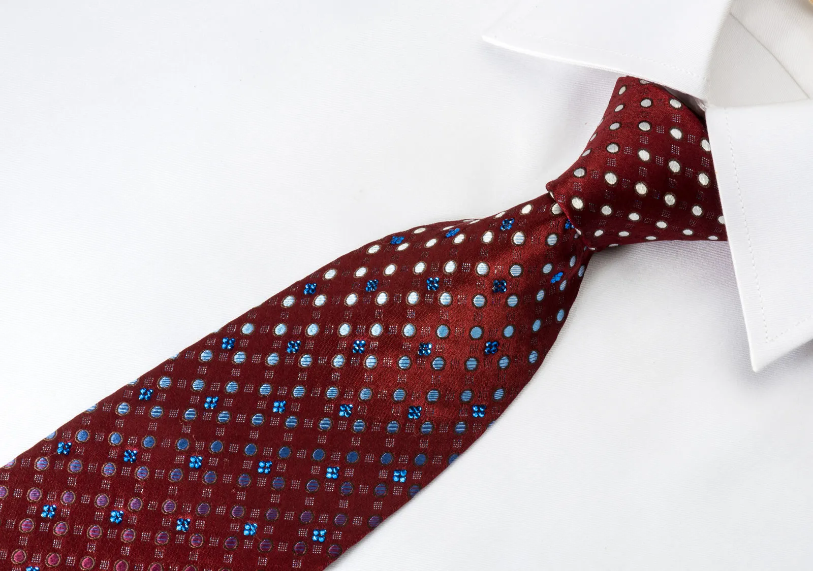 Renoma Silk Tie Geometric Dots On Burgundy With Blue Rhinestones & Silver Sparkles