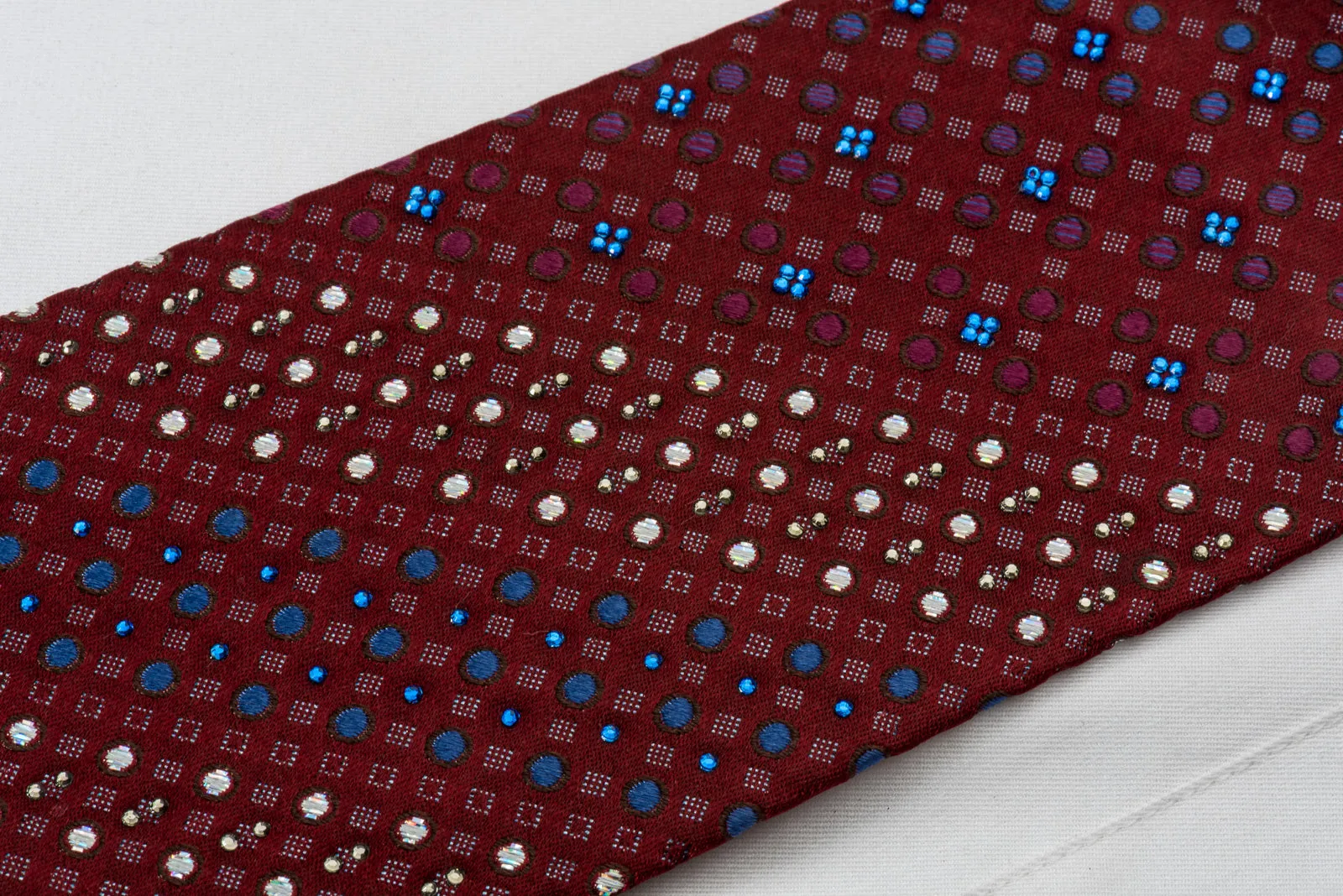 Renoma Silk Tie Geometric Dots On Burgundy With Blue Rhinestones & Silver Sparkles