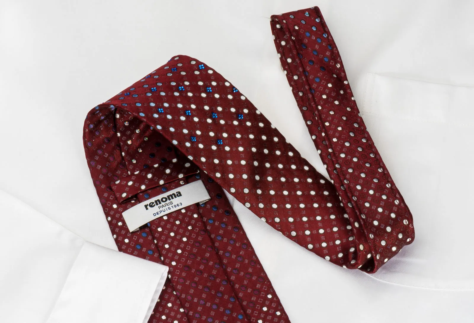 Renoma Silk Tie Geometric Dots On Burgundy With Blue Rhinestones & Silver Sparkles