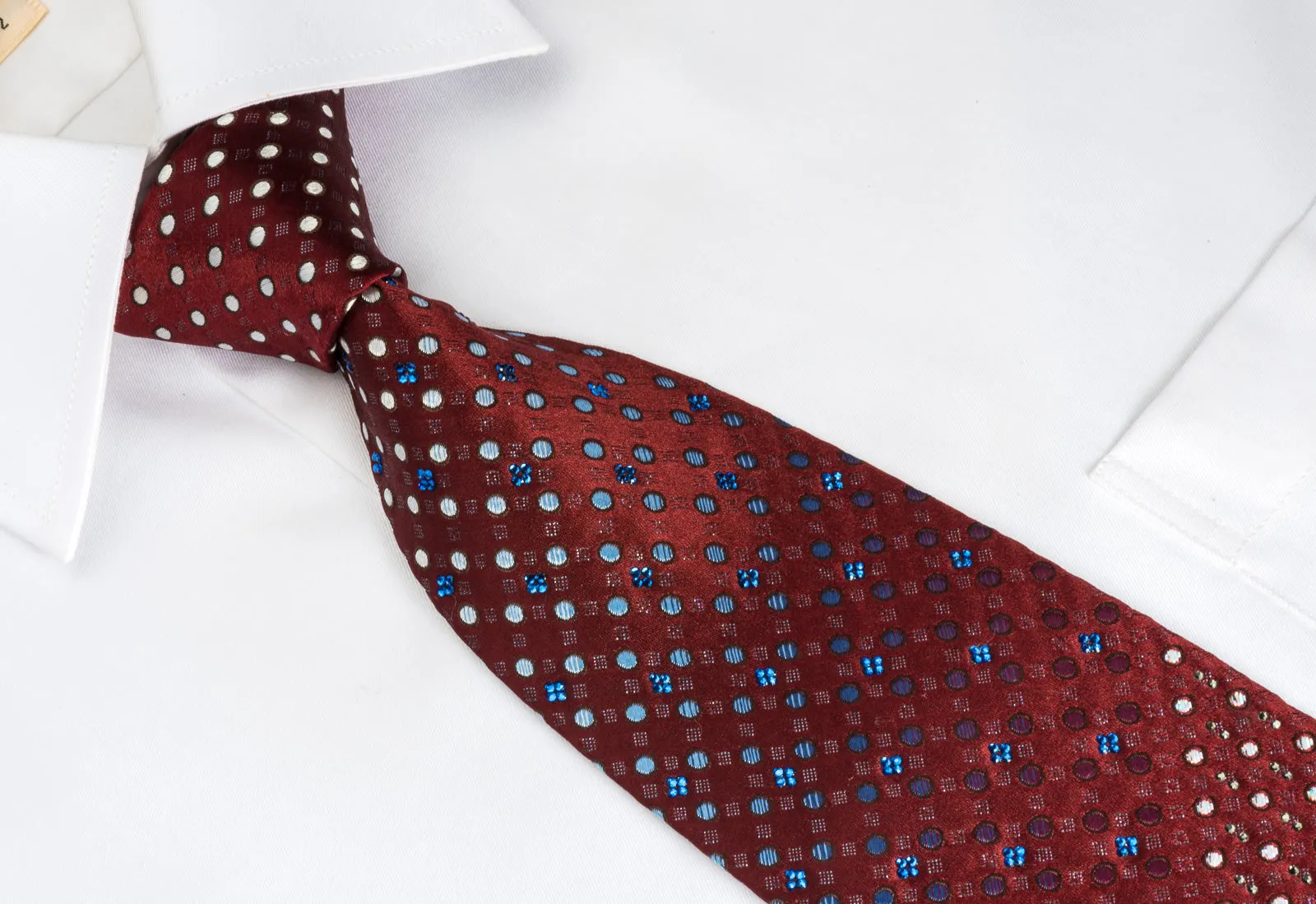 Renoma Silk Tie Geometric Dots On Burgundy With Blue Rhinestones & Silver Sparkles