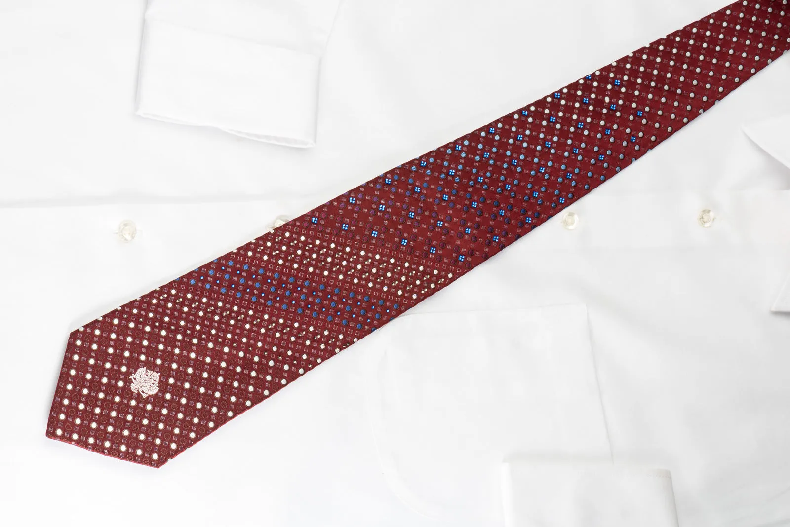 Renoma Silk Tie Geometric Dots On Burgundy With Blue Rhinestones & Silver Sparkles