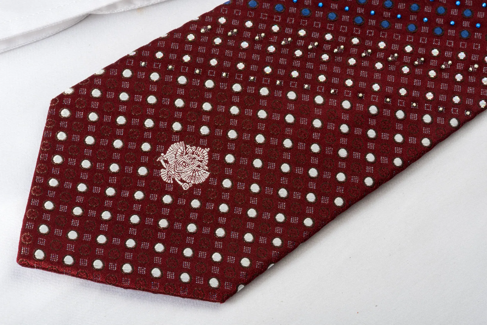 Renoma Silk Tie Geometric Dots On Burgundy With Blue Rhinestones & Silver Sparkles