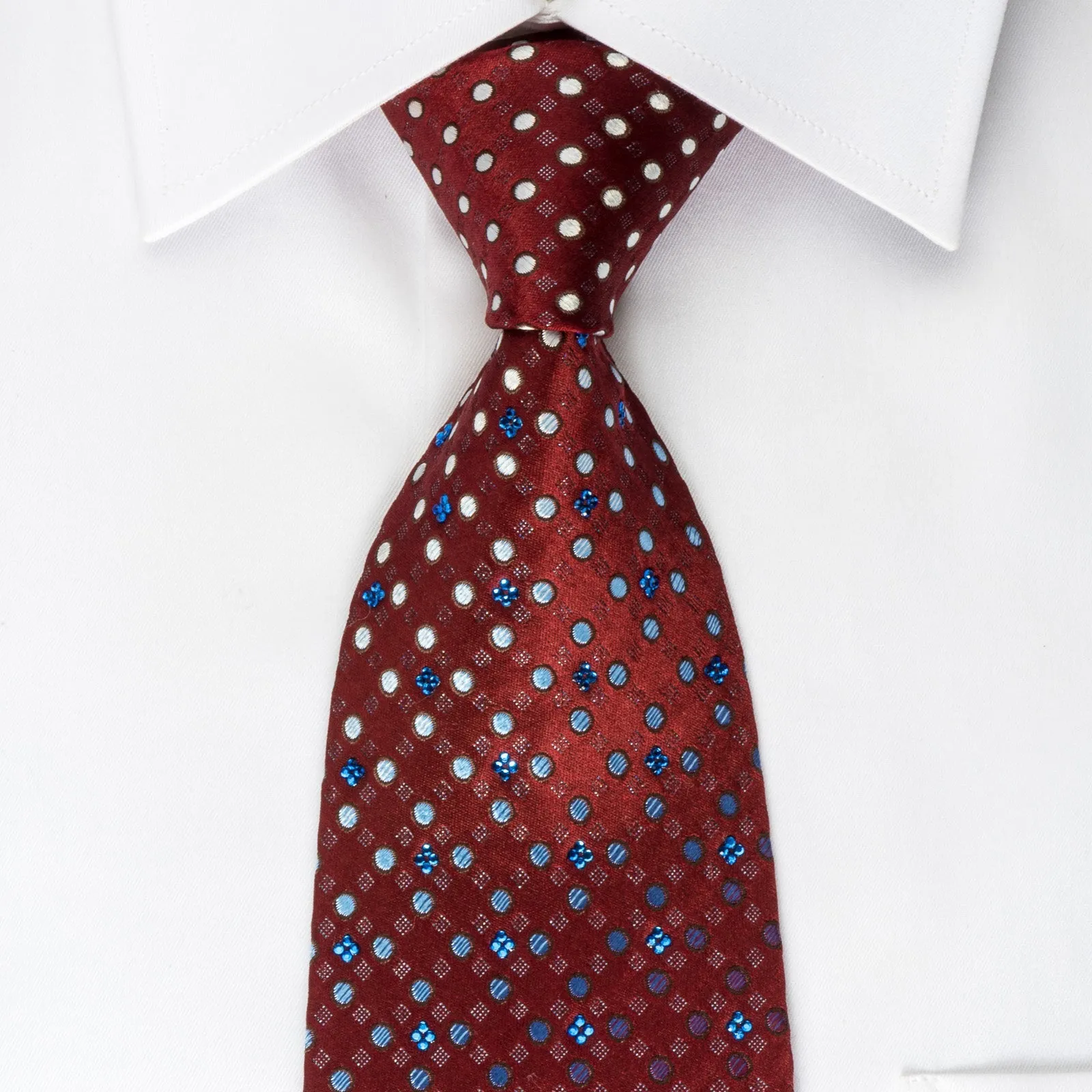 Renoma Silk Tie Geometric Dots On Burgundy With Blue Rhinestones & Silver Sparkles