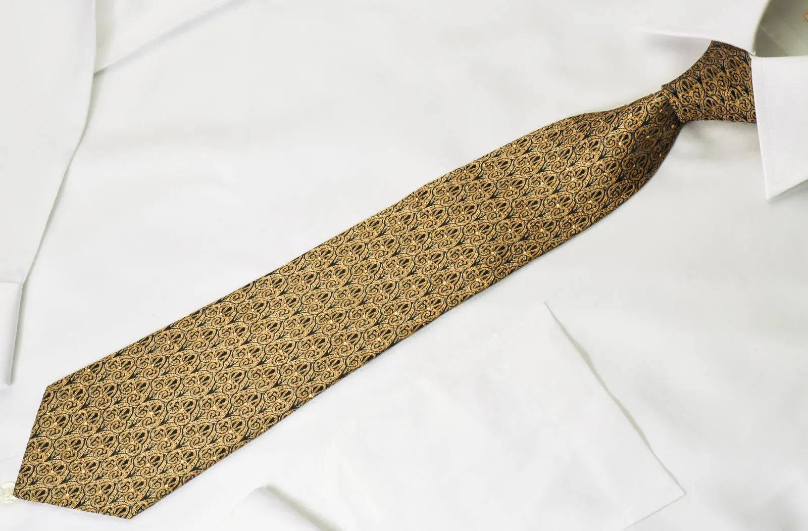 Renoma Silk Tie Golden Flur De Lis On Black Silk With Rhinestones