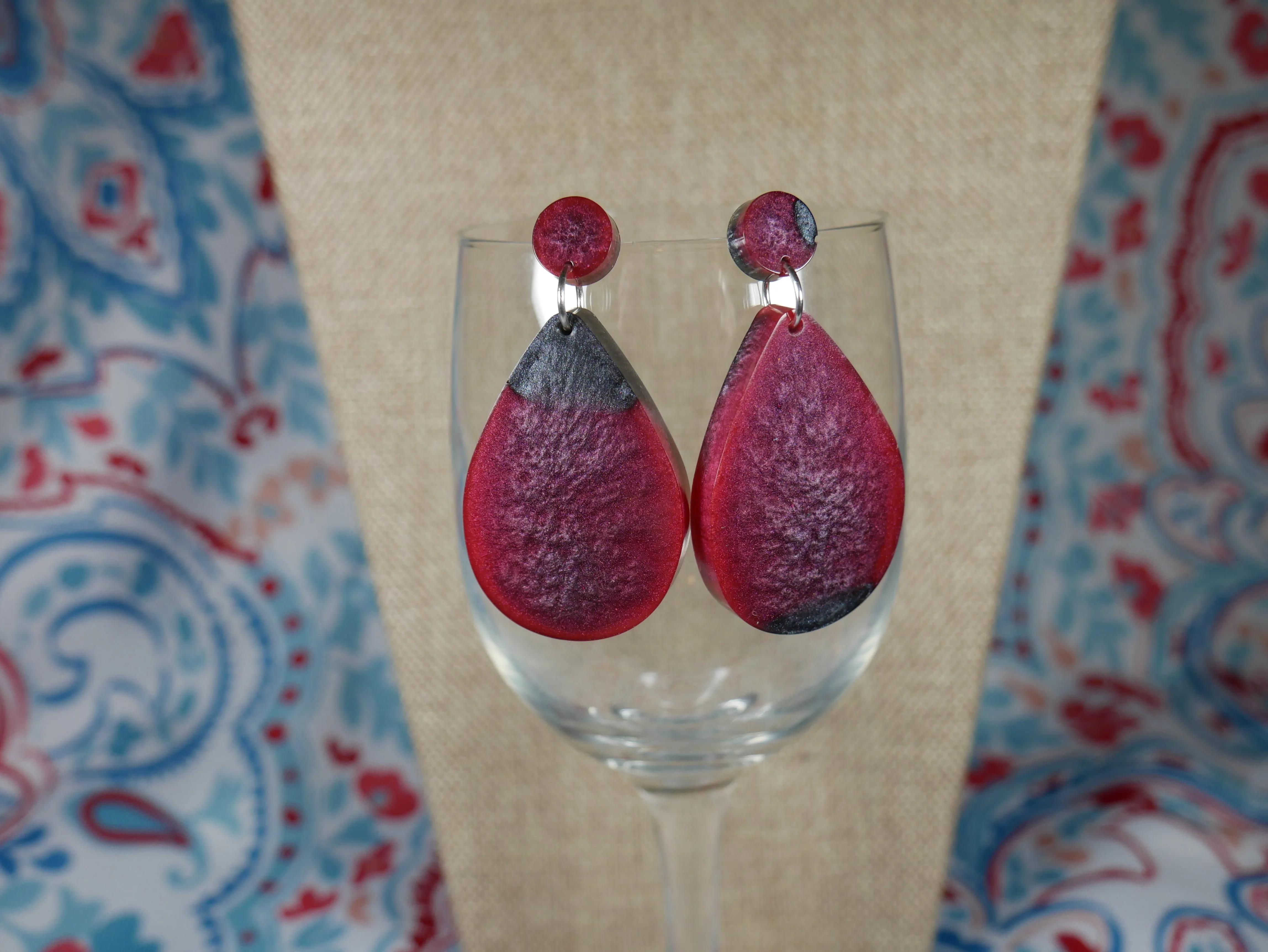 Resin Cranberry Red and Silver/Black Teardrop Shaped Earrings