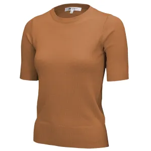 Retro Crew Neck Short Sleeve Sweater - Camel