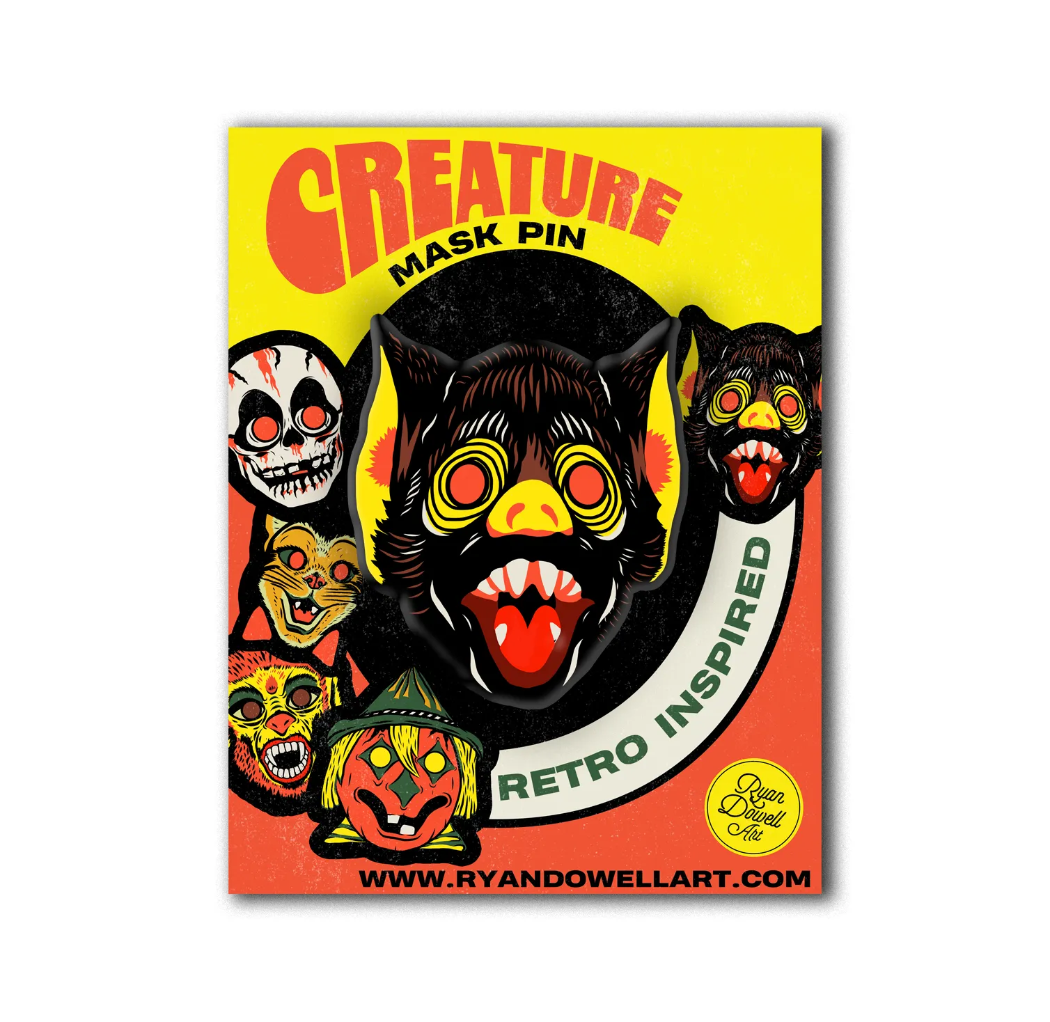 Retro Inspired Creature Halloween Mask Pin Bat Lapel Pin