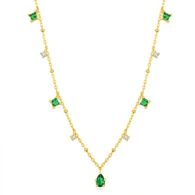 Retro Jewelry Emerald Necklace with Rhinestone for Women in Silver Color