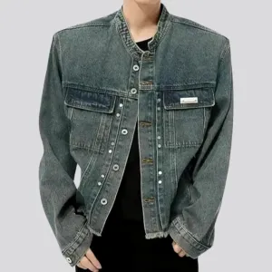 Retro pattern raw hem jeans jacket for men