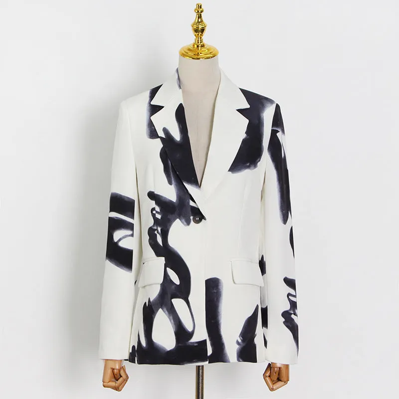 Retro Print Lapel Collar Long Sleeve Blazer and Trouser Set