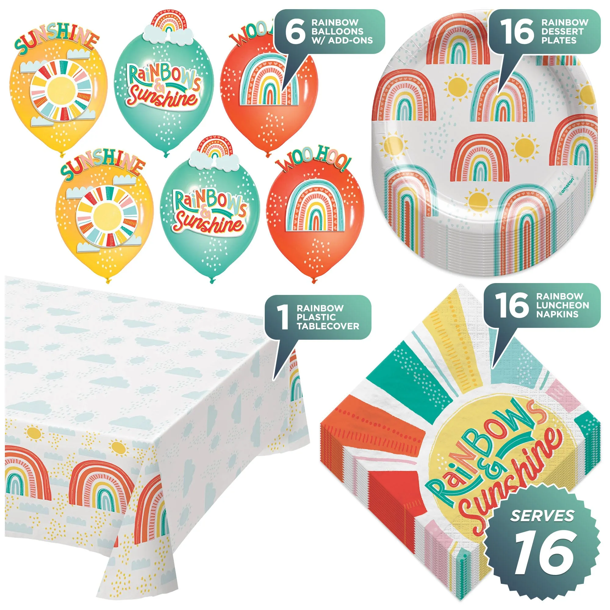 Retro Rainbow Party Pack - Paper Dessert Plates, Luncheon Napkins, Table Cover, and Balloons Set (Serves 16)