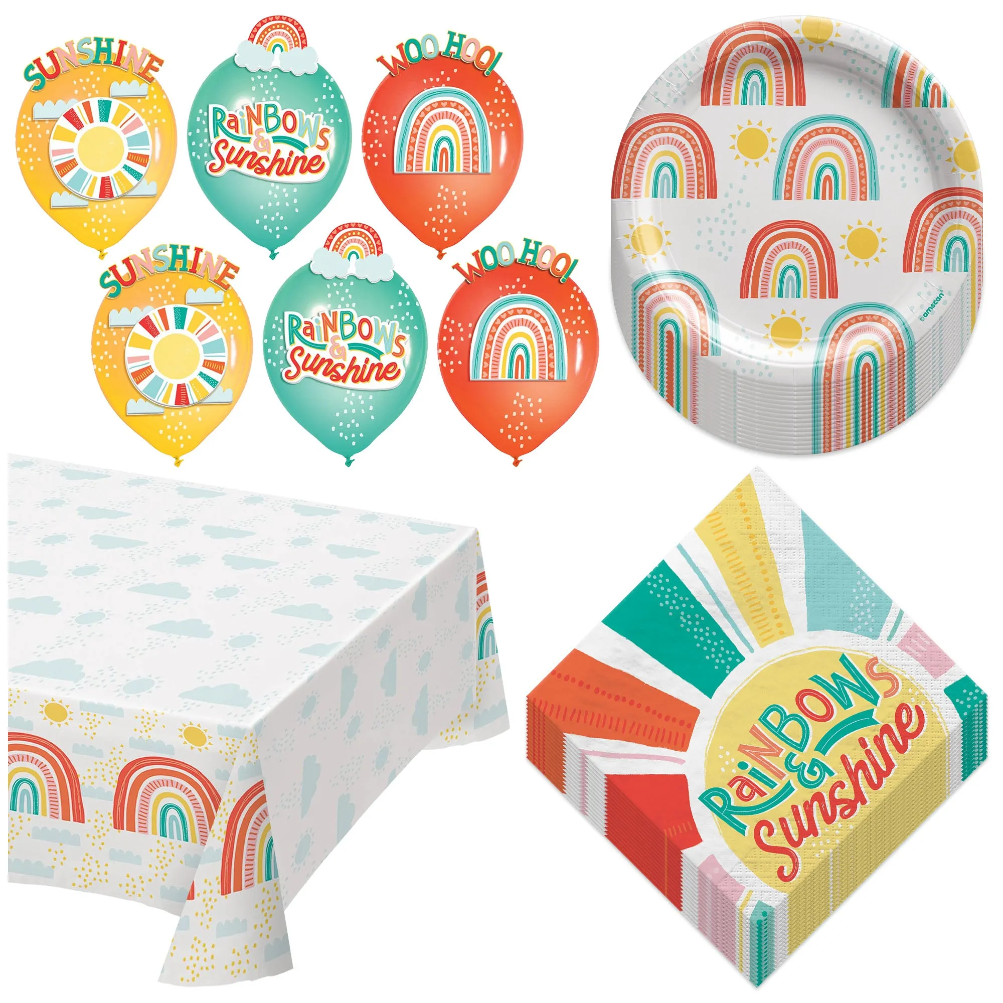 Retro Rainbow Party Pack - Paper Dessert Plates, Luncheon Napkins, Table Cover, and Balloons Set (Serves 16)