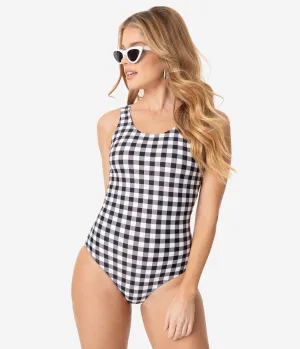 Retro Style Black & White Gingham Cross Back One Piece Swimsuit