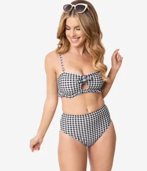 Retro Style Black & White Gingham Ruffle Swim Top