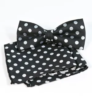 Retro Style Black & White Polka Dot Bow Tie & Pocket Square