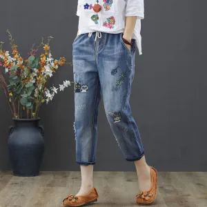 Retro Style Embroidered Loose Jeans