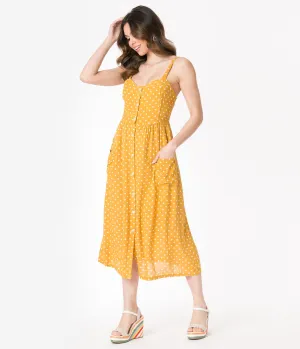 Retro Style Mustard & White Polka Dots Shirtdress