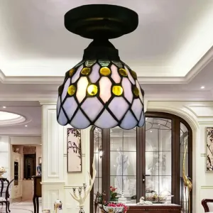 Retro Style Purple/Beige Glass Ceiling Light Fixture with Jewel Pattern - Cup Shade Semi Flush Mount