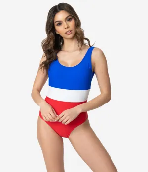 Retro Style Red White & Blue Stripe One Piece Tank Swimsuit