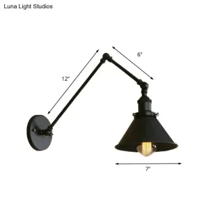 Retro Style Swing Arm Wall Lamp: 1-Head Sconce with Conic Shade, Metal, Indoor - Black