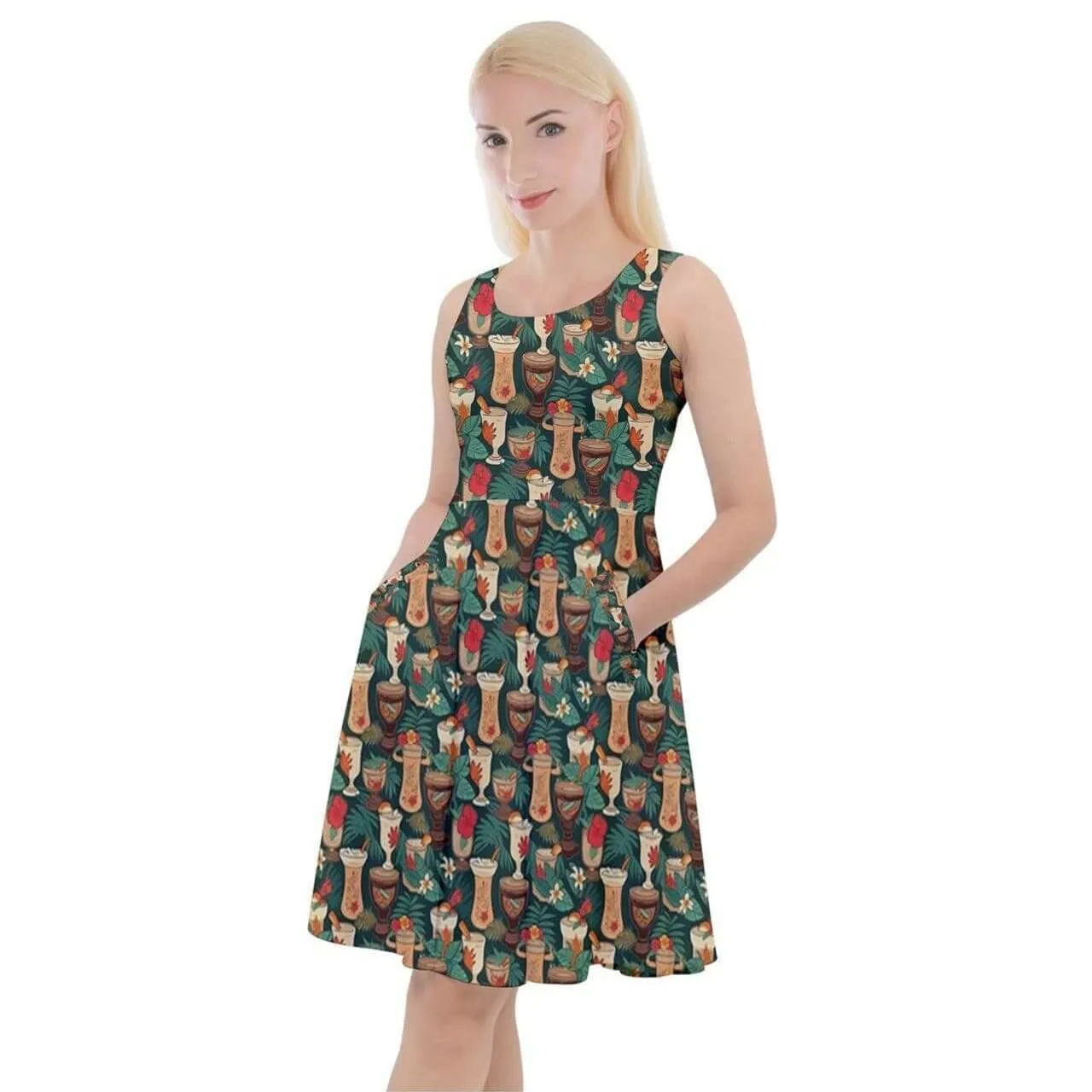 Retro Tiki Luau Knee Length Skater Dress With Pockets