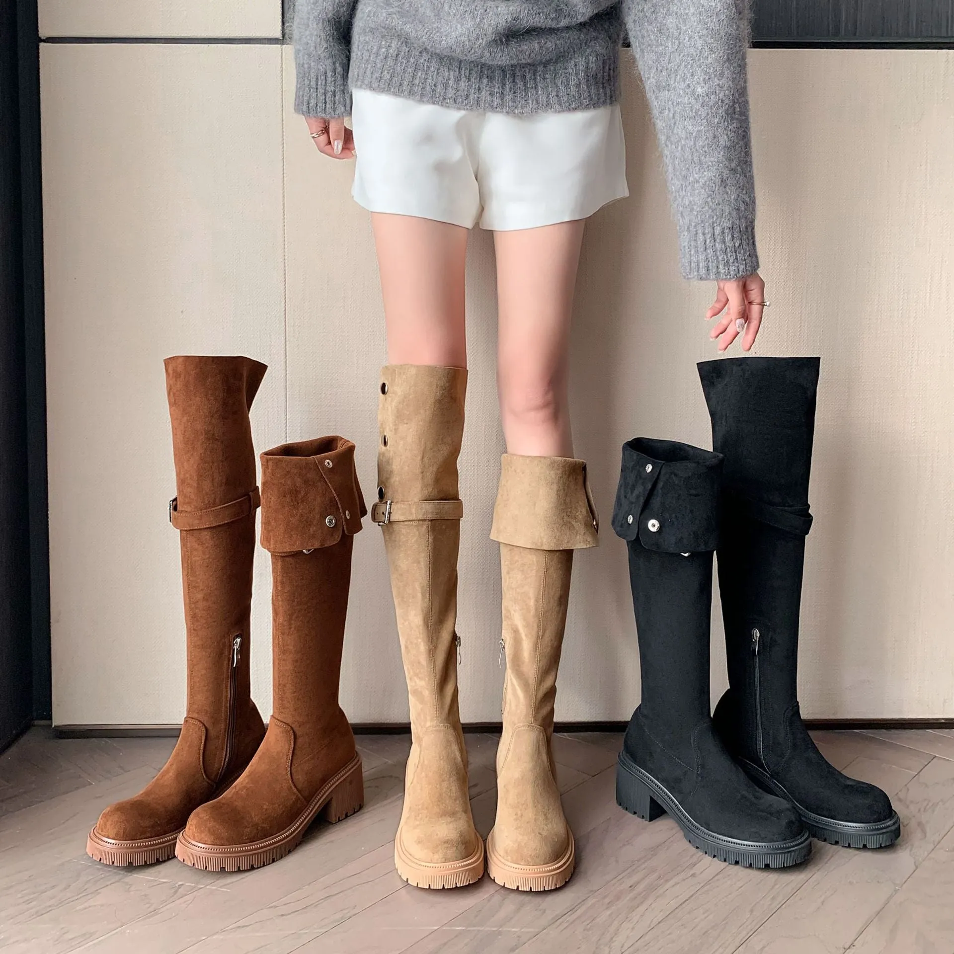 Retro Two-Way Flip Thick Bottom Knee-High Boots Autumn and Winter New Suede Boots Chunky Heel over-the-Knee Boots Knight Boots