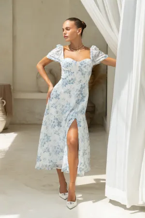 Reverie Blue Floral Sweetheart Midi Dress