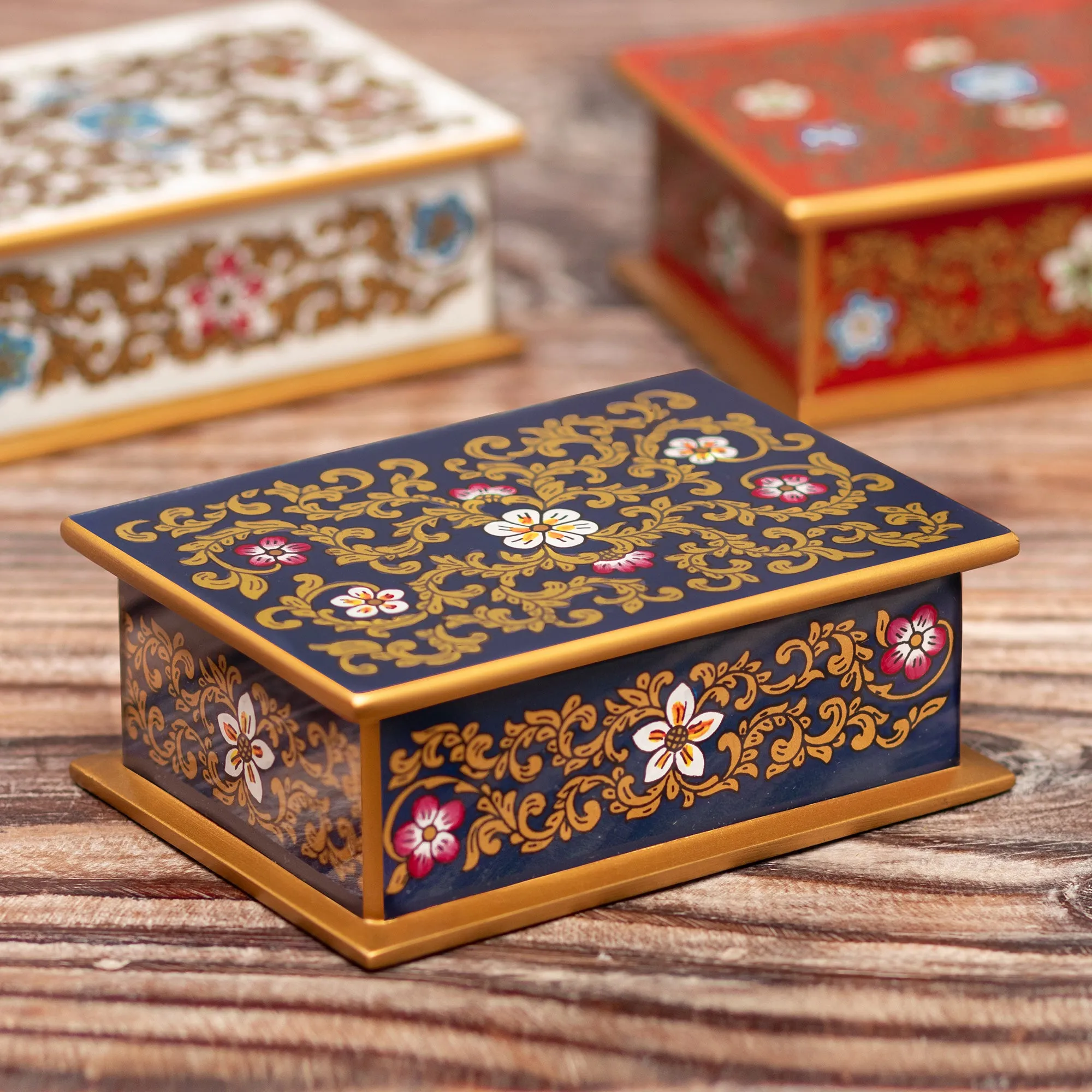 Reverse Painted Glass Floral Decorative Box from Peru - Fancy Florals | NOVICA