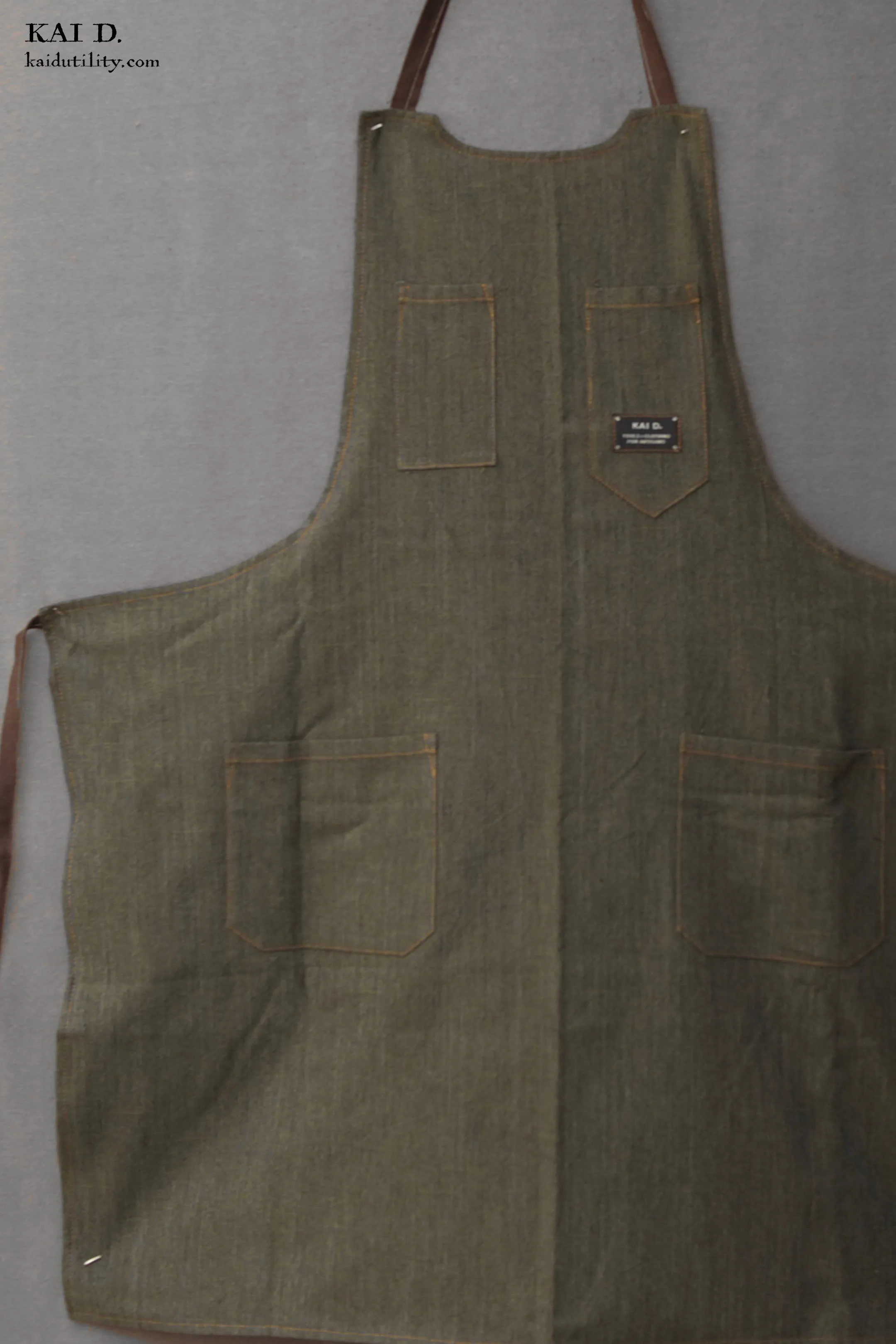 Reversible Artisan Apron - Green Grey Antique Canvas / Linen Stripe