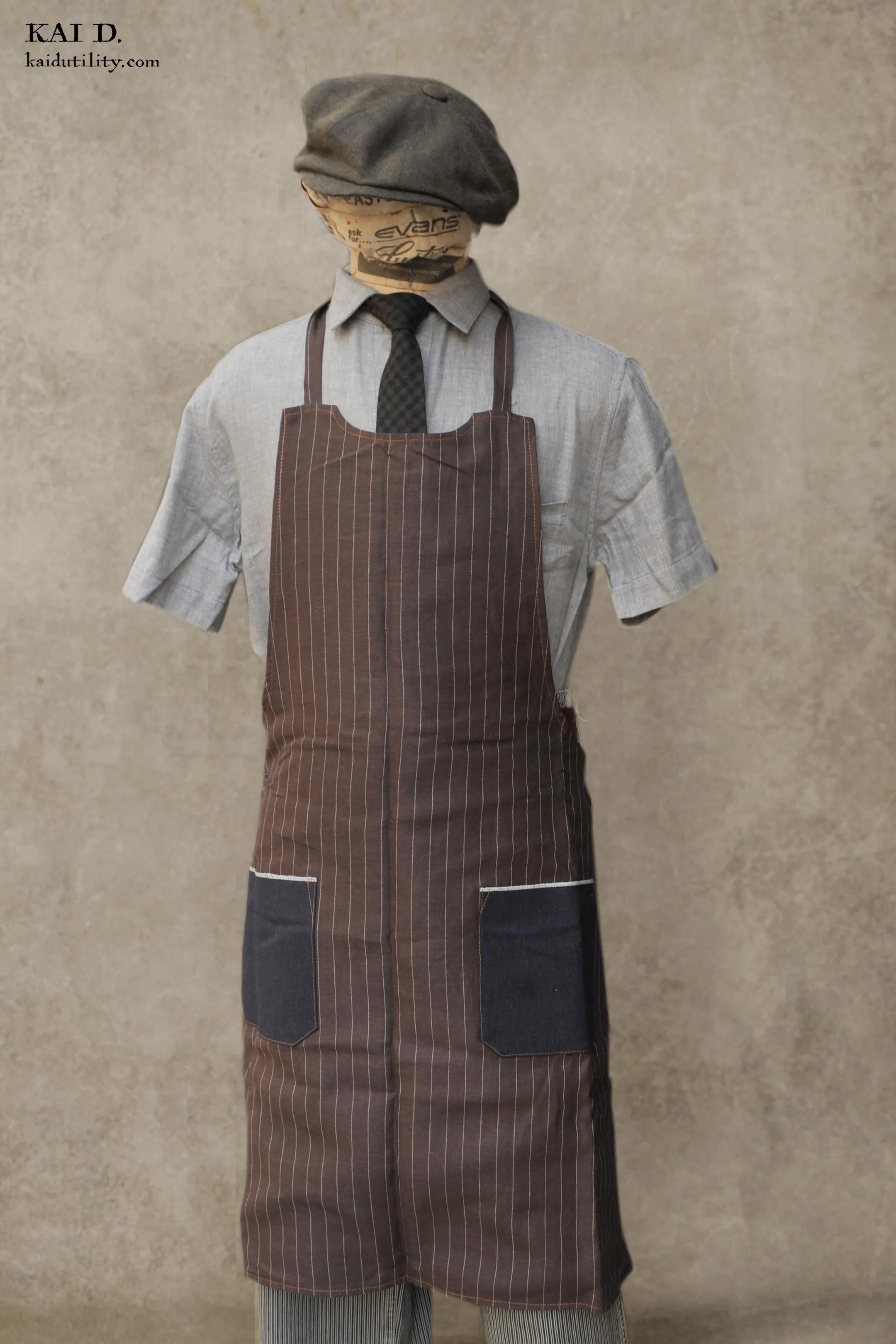 Reversible Artisan Apron - Green Grey Antique Canvas / Linen Stripe